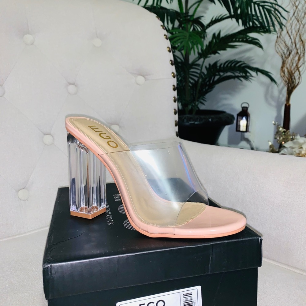 Block Clear Heel Mule In Nude Patent